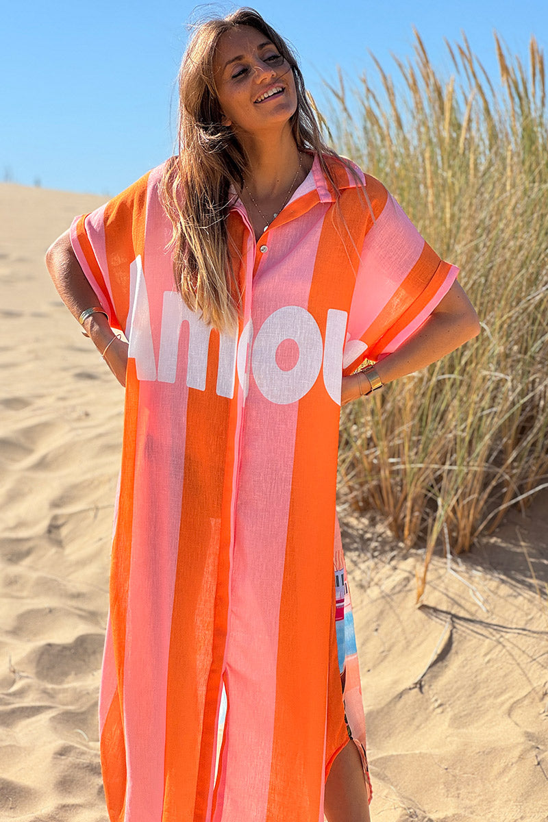 Coral “Amour” Beach Striped Caftan
