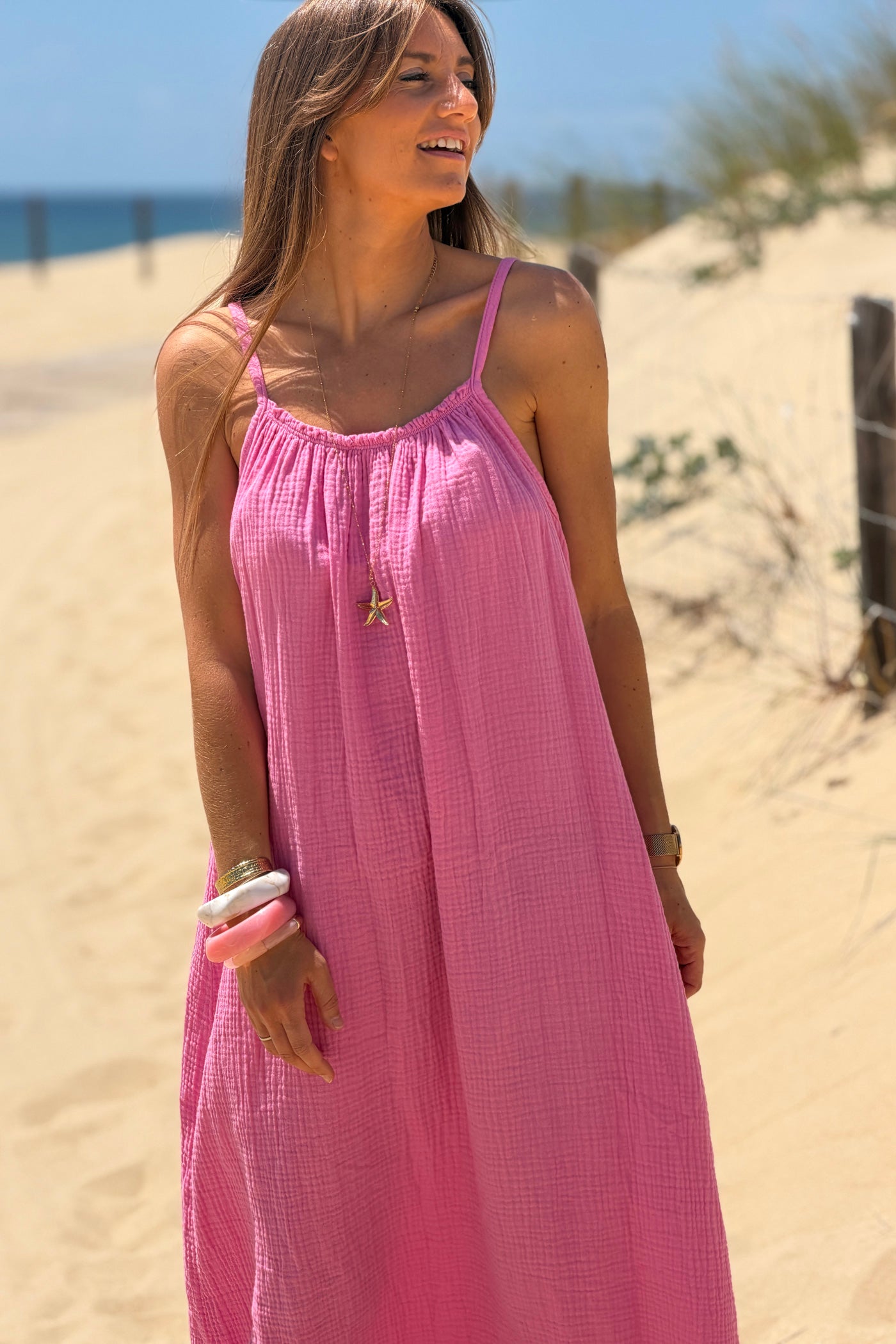 Pink Crinkle Gauze Maxi Dress