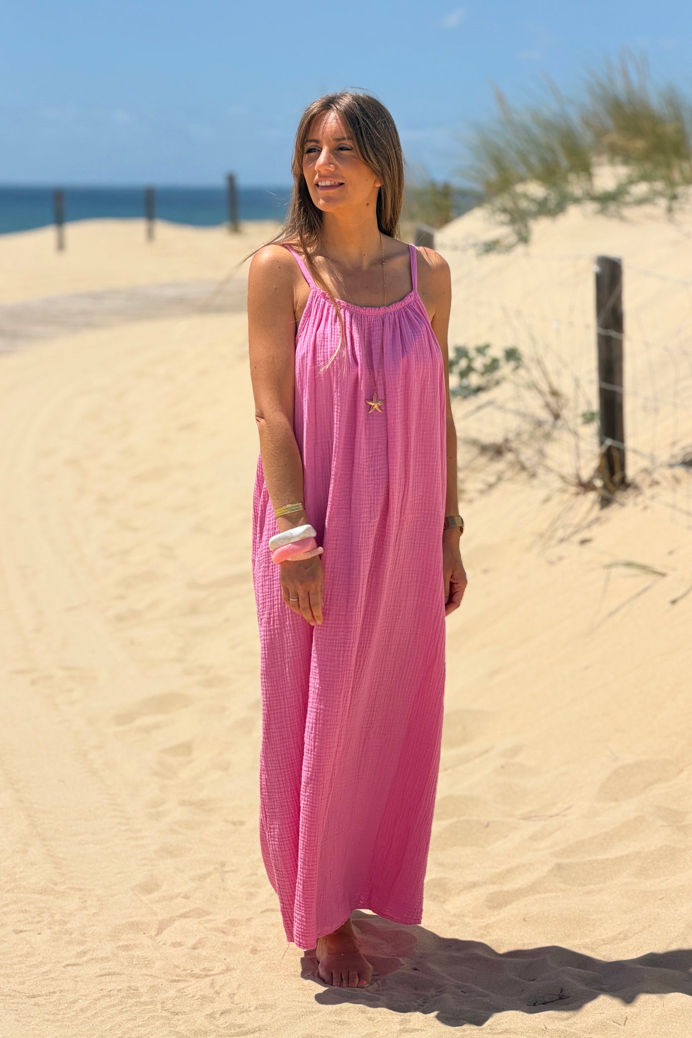 Pink Crinkle Gauze Maxi Dress