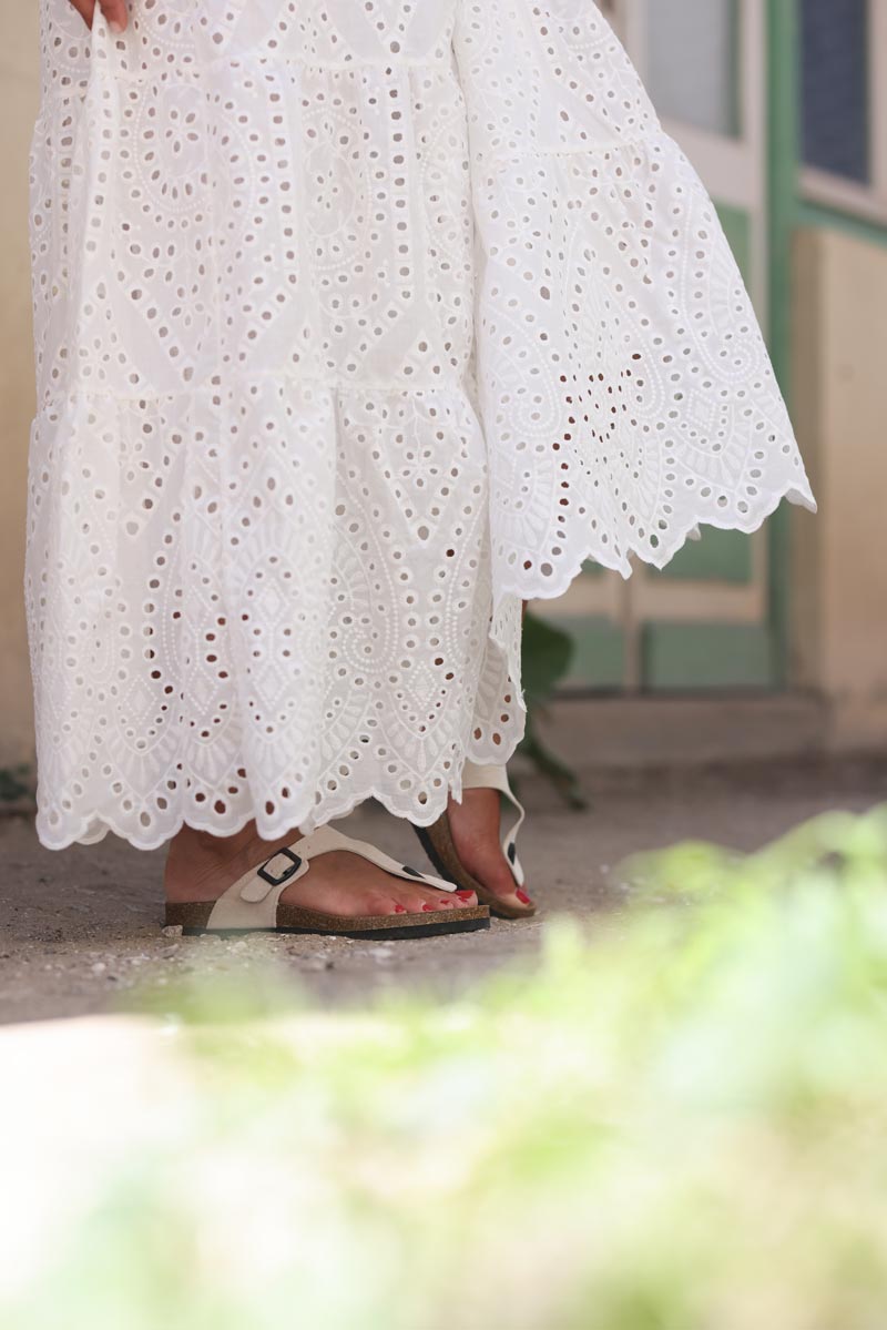 Smocked broderie anglaise tiered maxi dress in white