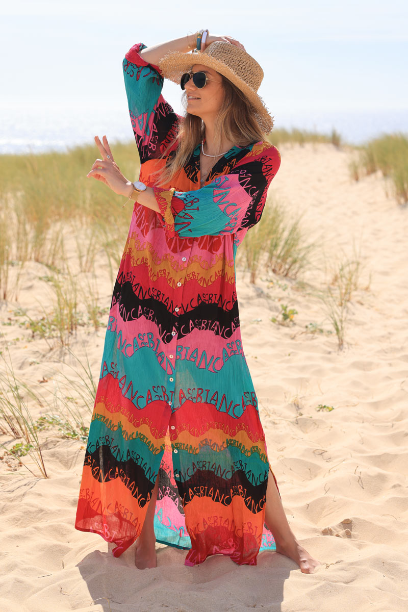 Robe longue souple boutonnée effet crêpe rayures abstraites multicolores et écriture Bianca