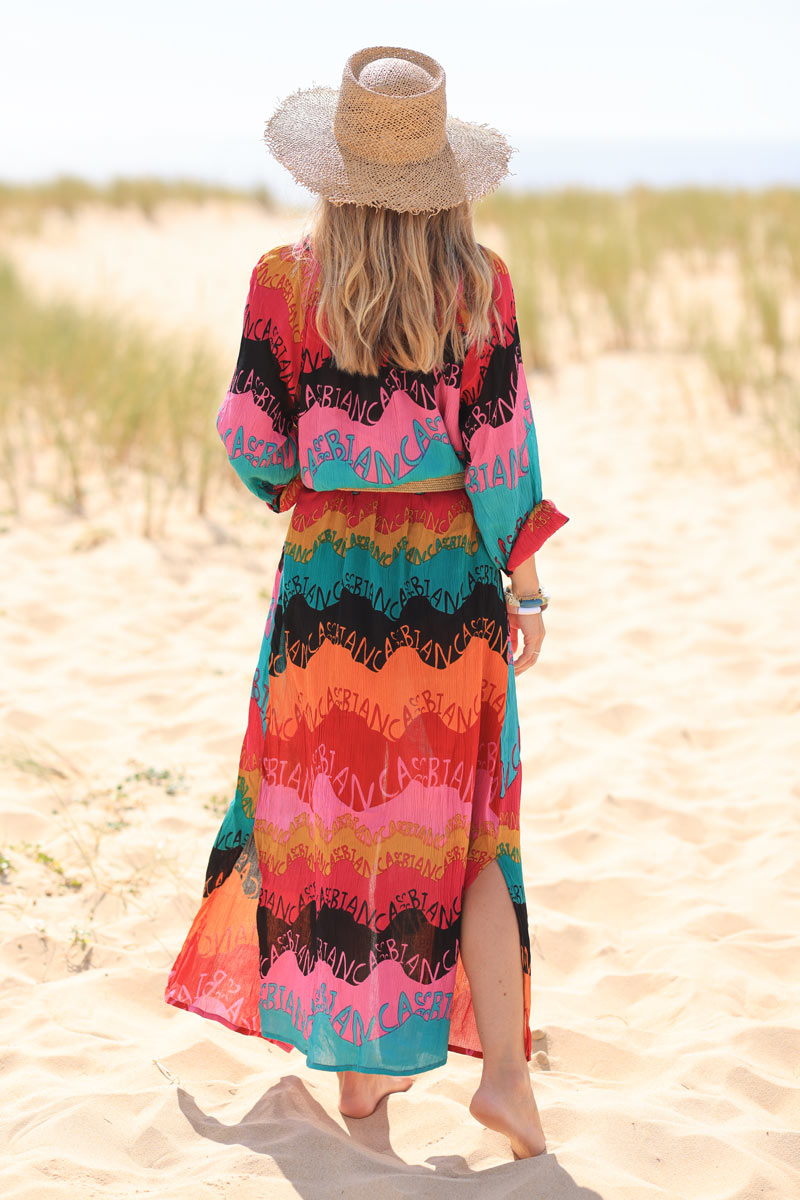 Robe longue souple boutonnée effet crêpe rayures abstraites multicolores et écriture Bianca