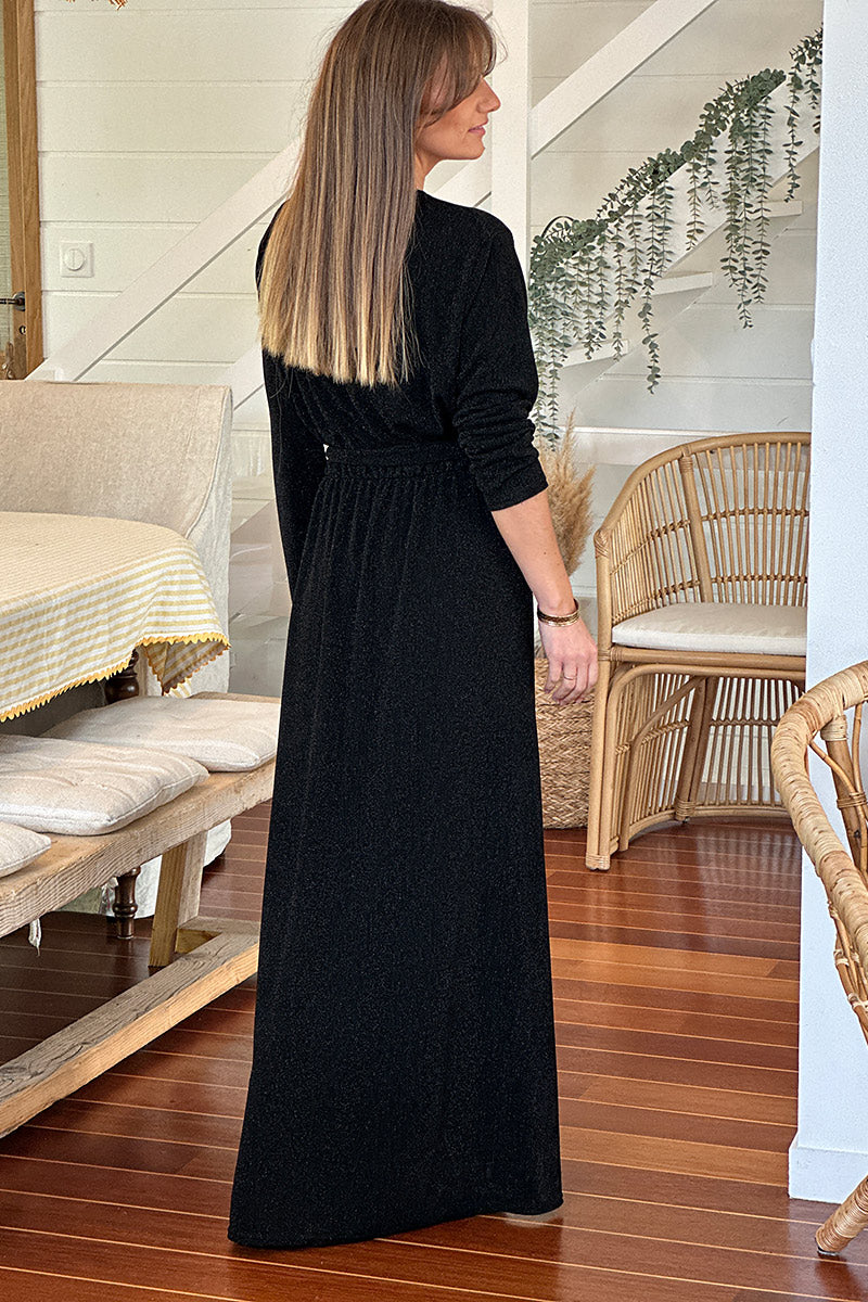 Black Sparkle Knit Wrap Front Maxi Dress