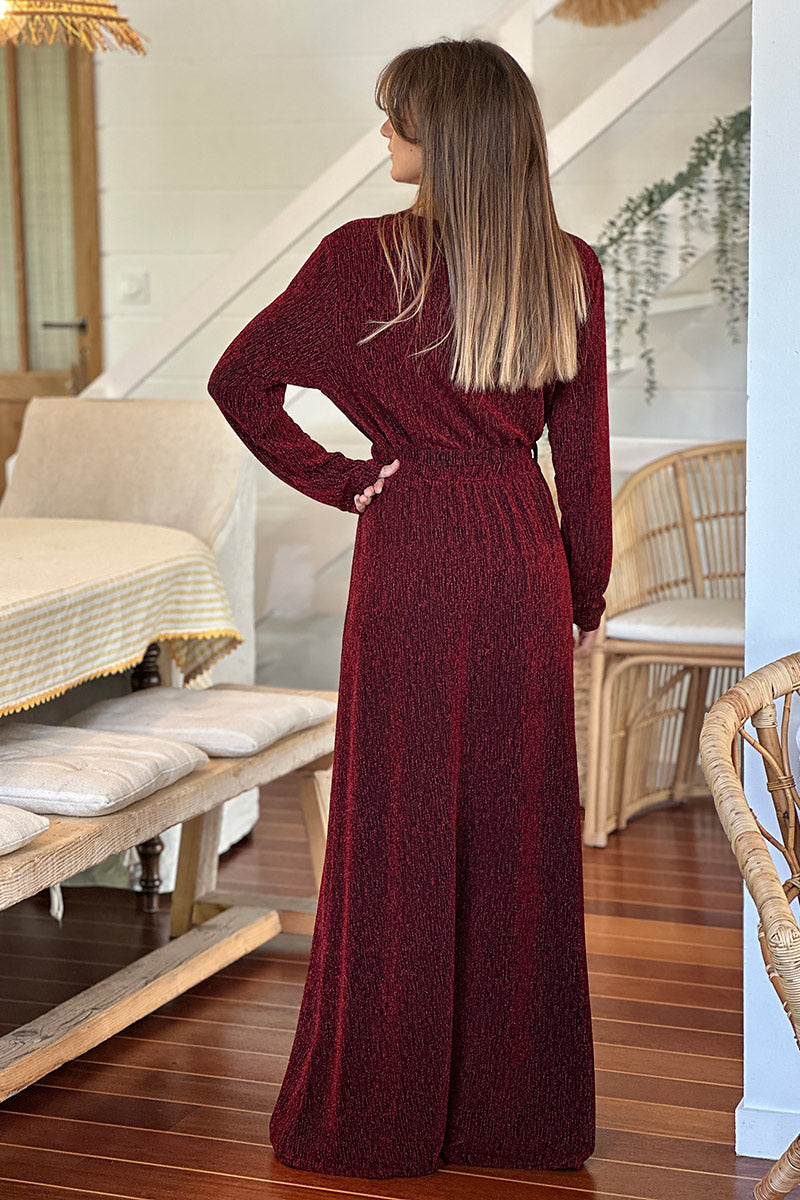 Burgundy Sparkle Knit Wrap Front Maxi Dress
