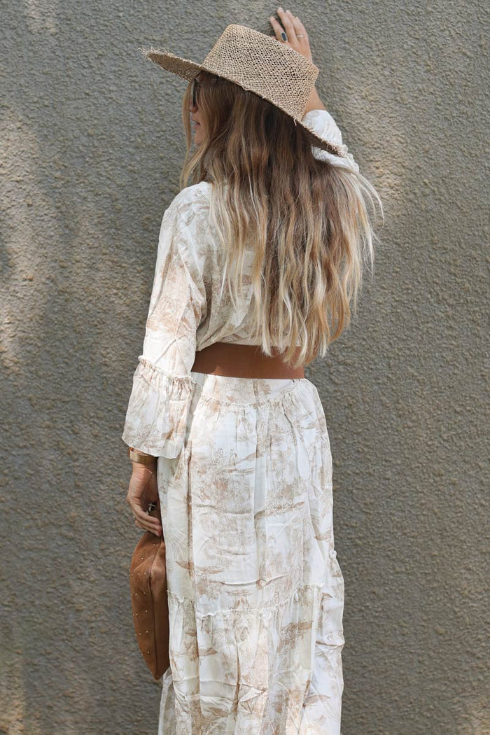 Robe longue toile de jouy beige Horizons Lointains