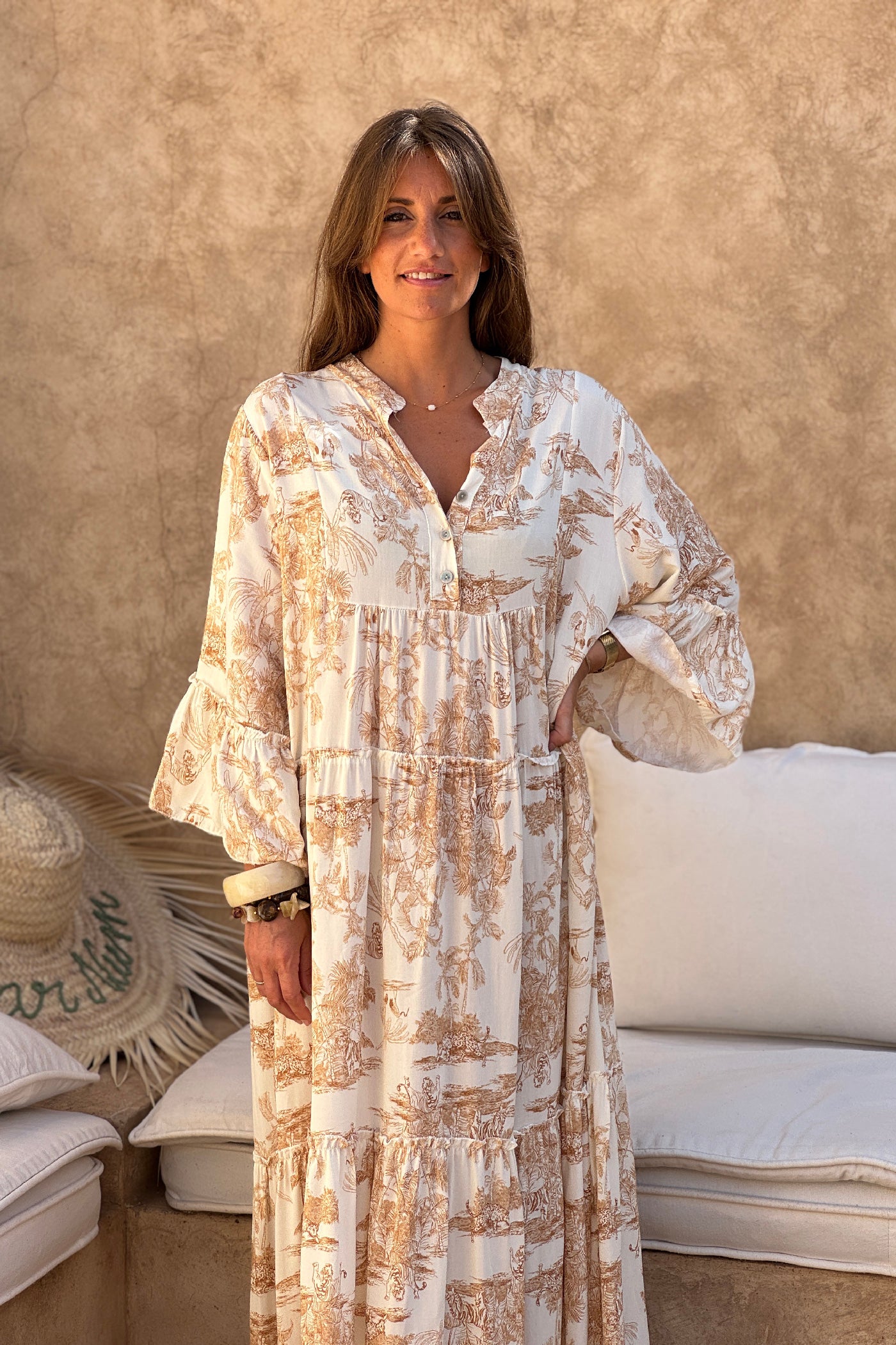 Tiered maxi dress with toile de jouy beige print