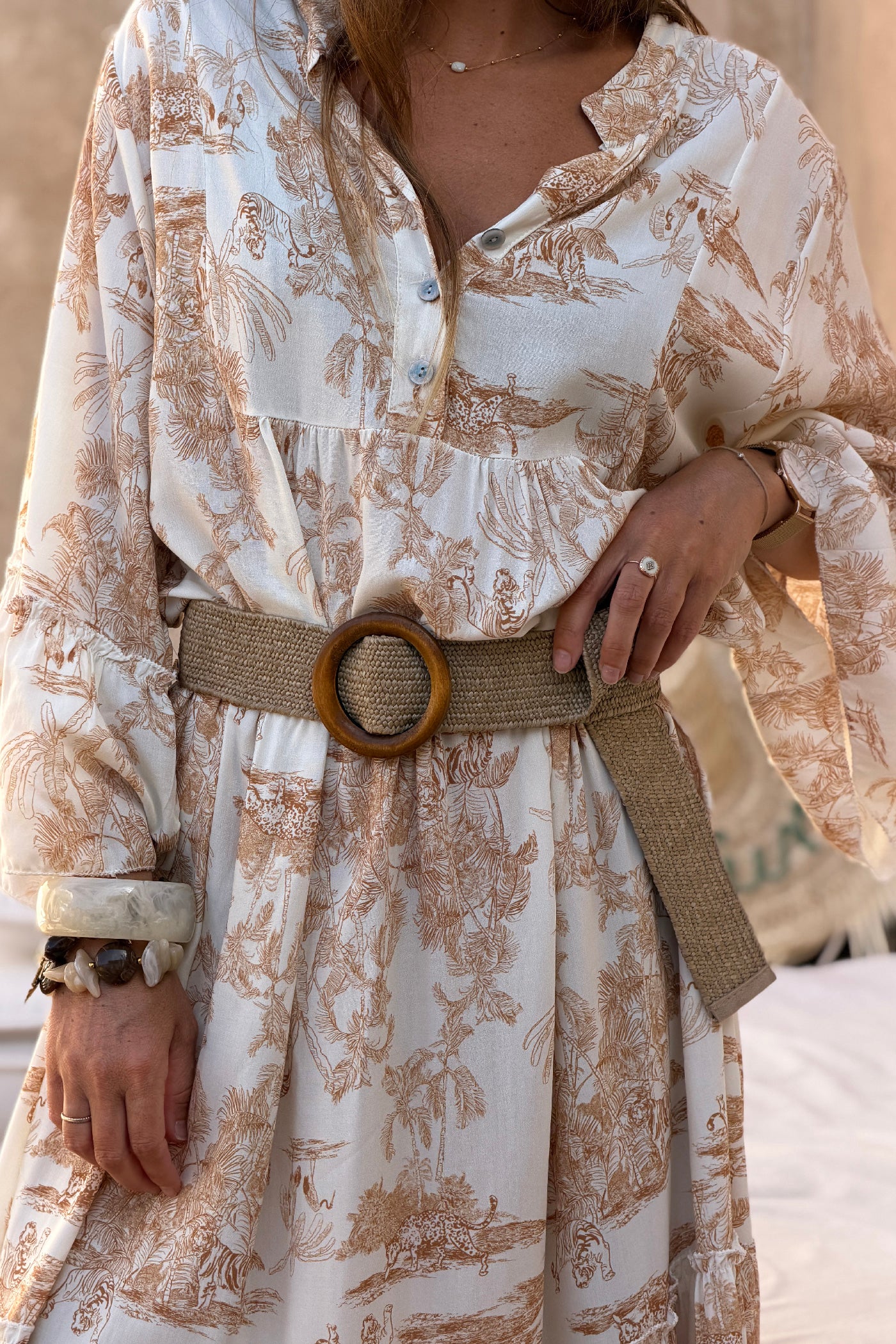 Tiered maxi dress with toile de jouy beige print