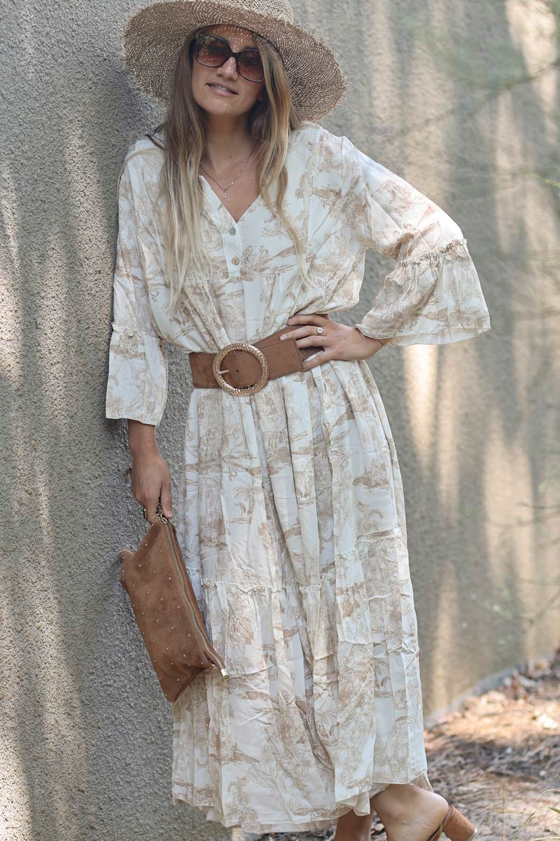 Tiered maxi dress with toile de jouy beige print