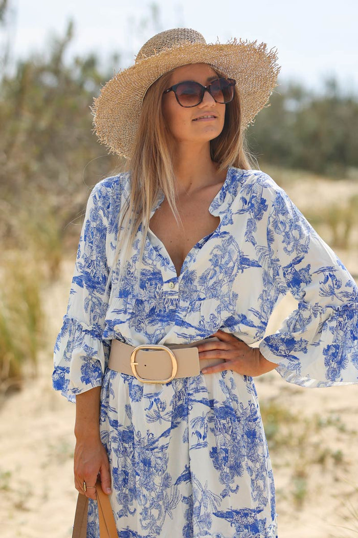 Robe longue imprimé toile de jouy bleu roi Horizons Lointains