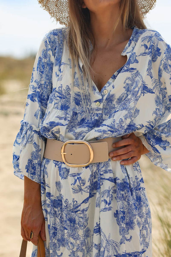 Robe longue imprimé toile de jouy bleu roi Horizons Lointains