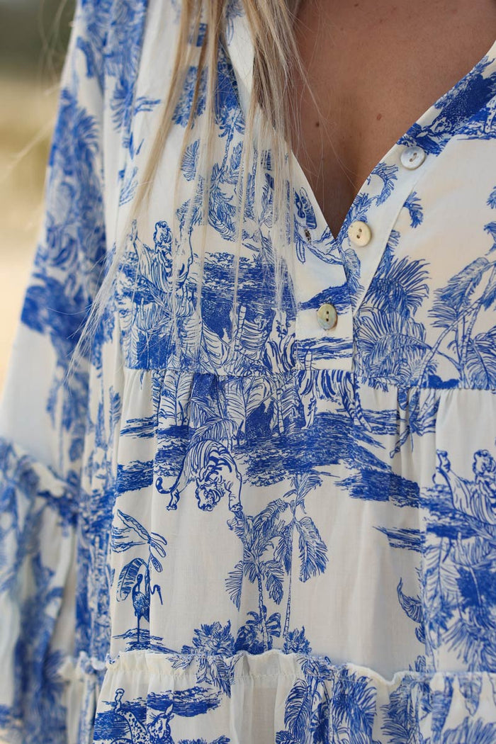 Robe longue imprimé toile de jouy bleu roi Horizons Lointains