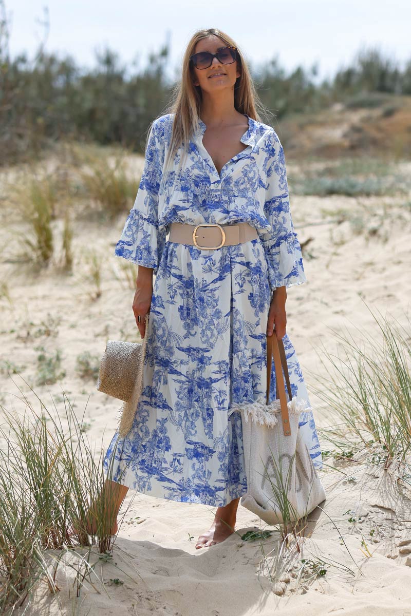 Tiered maxi dress with toile de jouy royal blue print