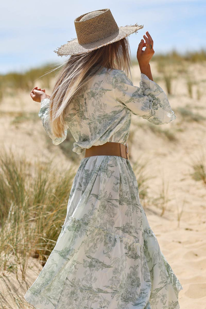 Robe longue toile de jouy kaki Horizons Lointains