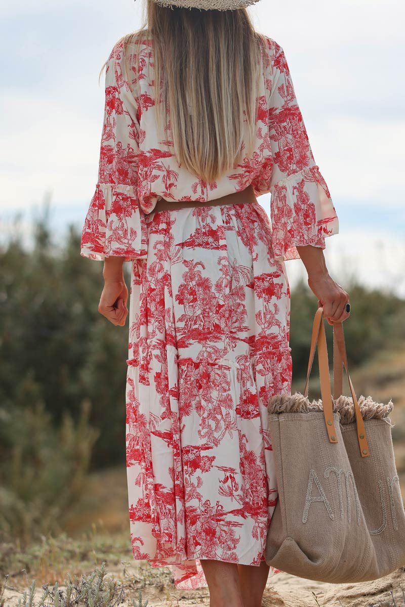 Tiered maxi dress with toile de jouy red print