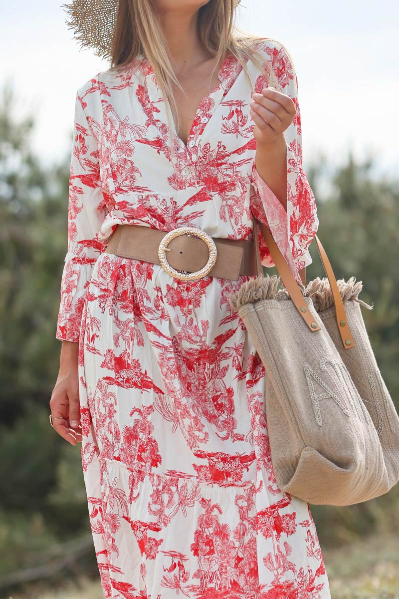 Tiered maxi dress with toile de jouy red print