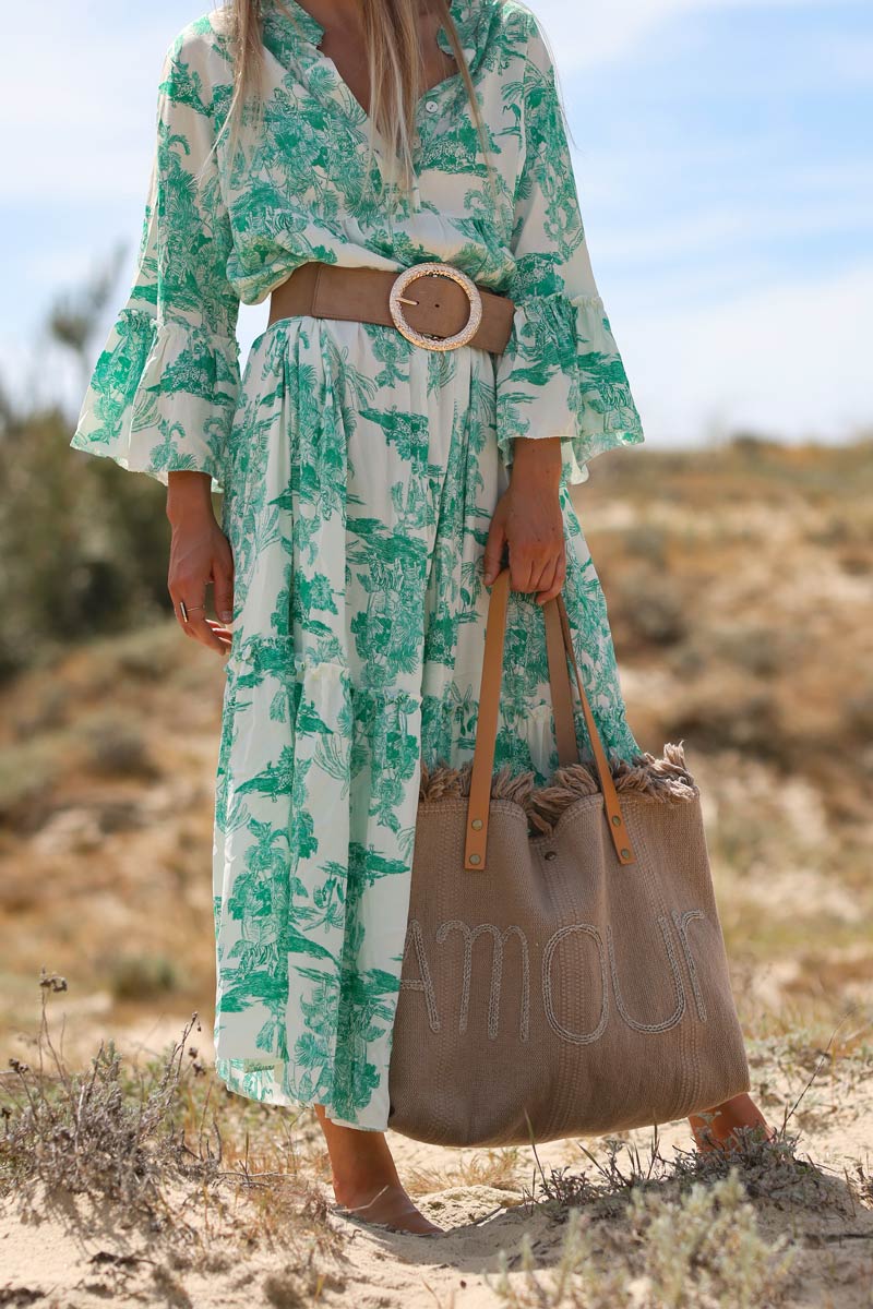 Tiered maxi dress with toile de jouy green print