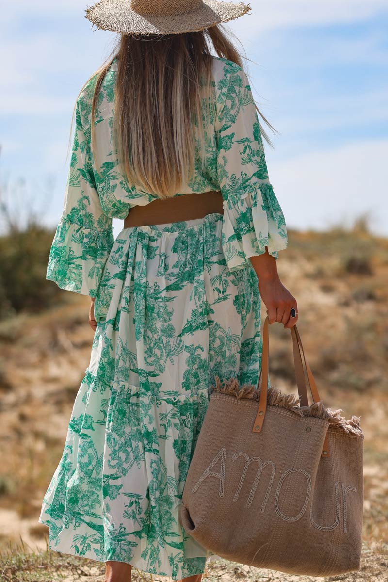 Tiered maxi dress with toile de jouy green print