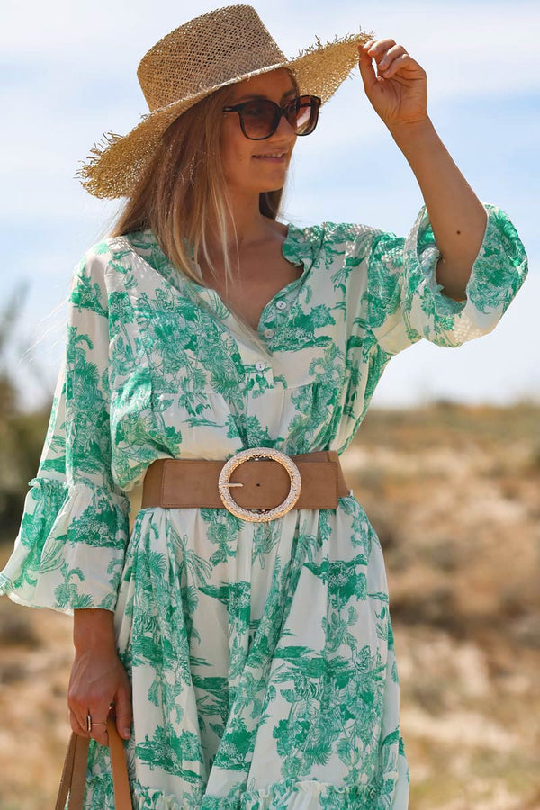 Robe longue toile de jouy vert Horizons Lointains