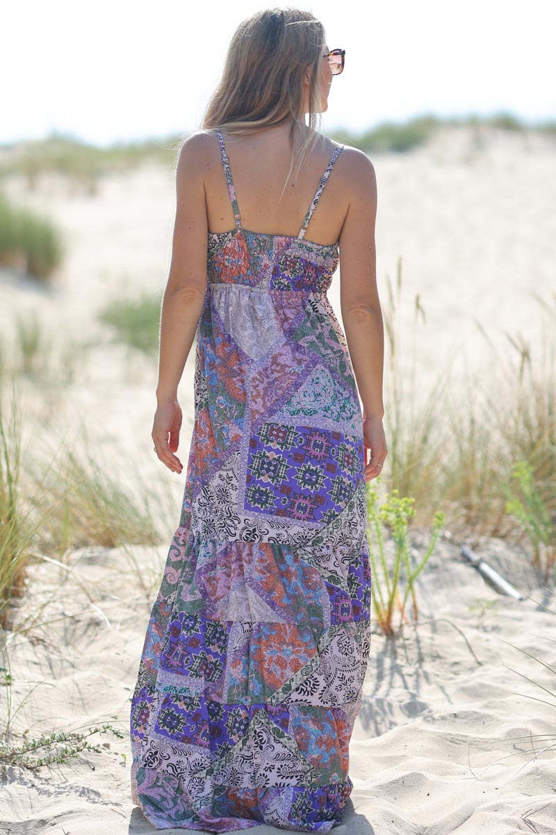 Robe longue touché soie imprime patchwork nuances de violet E158 (1)