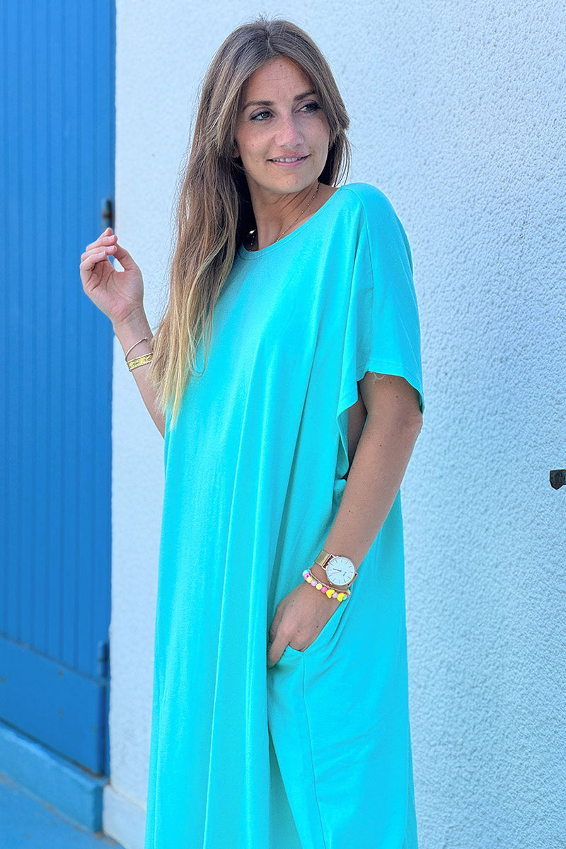 Turquoise Jersey Knit Maxi Dress