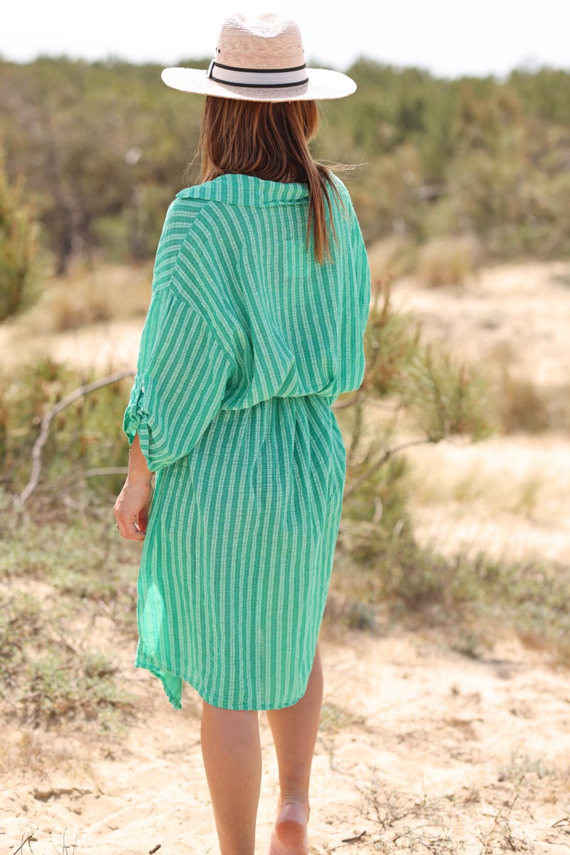 Robe longue vert boutonn e et l g re motifs petits chevrons pis