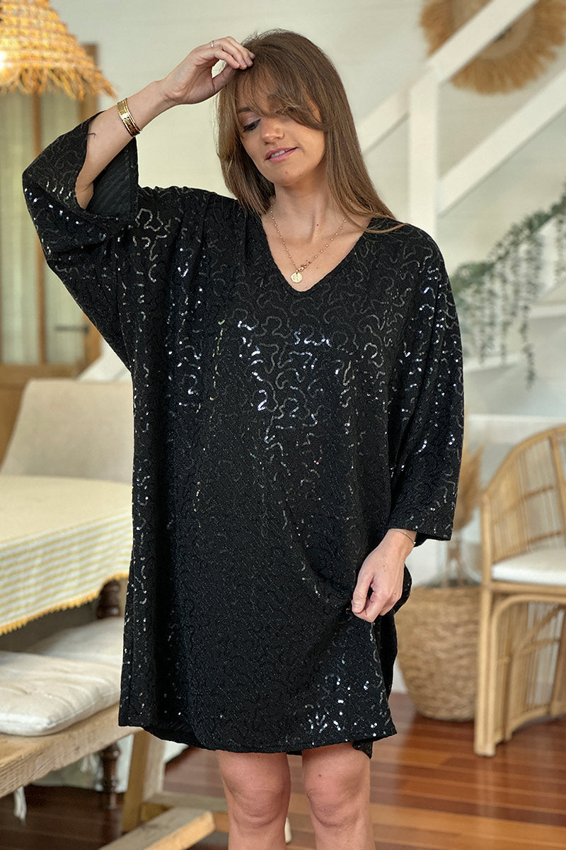 Black Sequin Patterned Tunic Dress