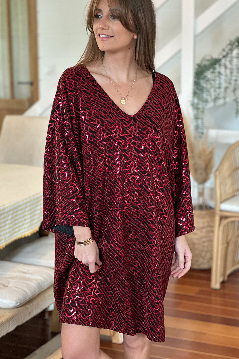 Burgundy Sequin Patterned Tunic Dress