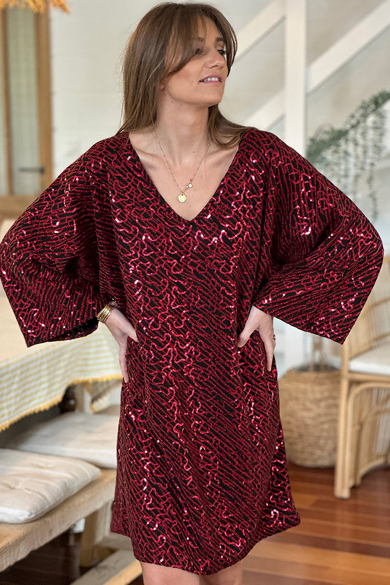 Burgundy Sequin Patterned Tunic Dress