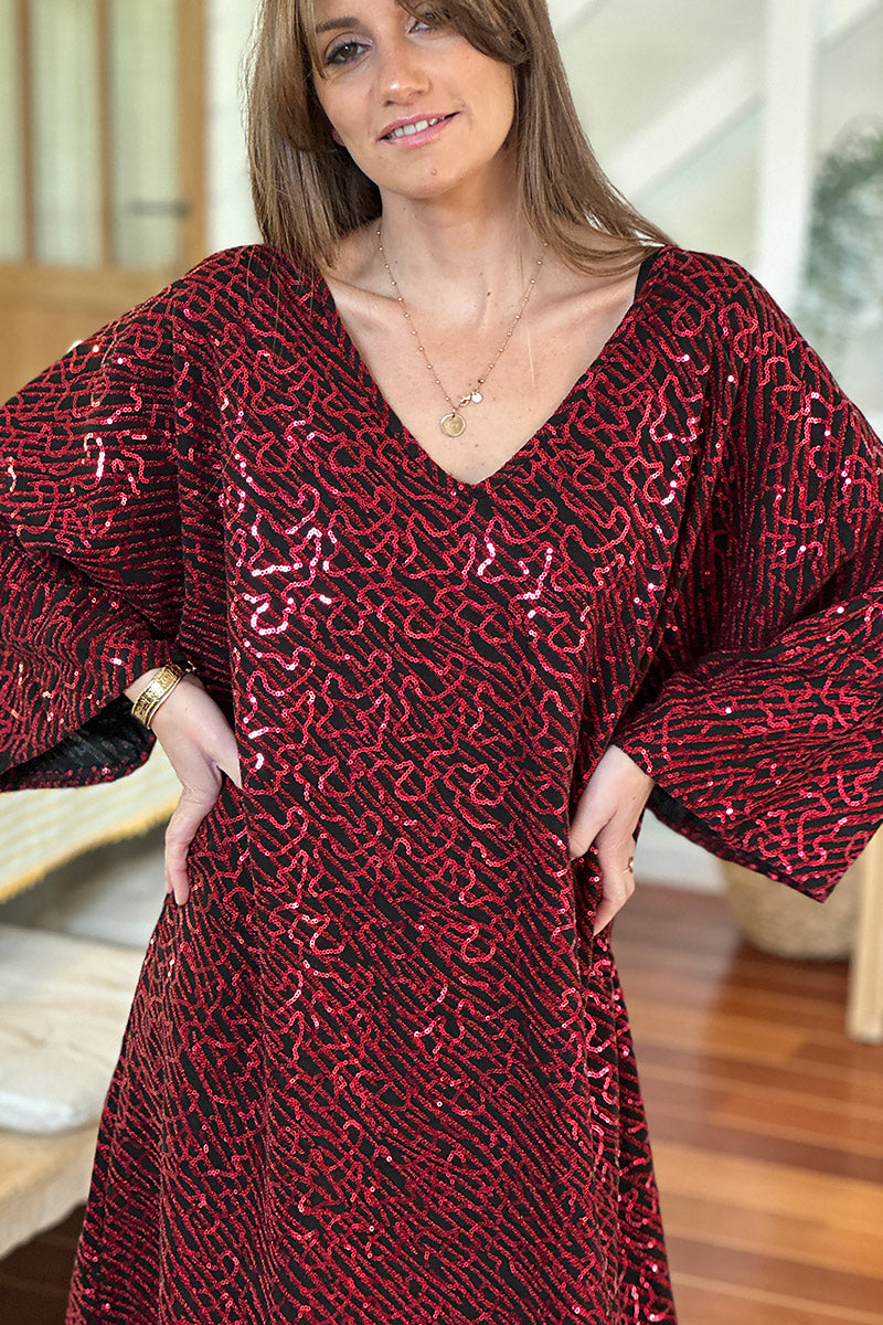 Burgundy Sequin Patterned Tunic Dress