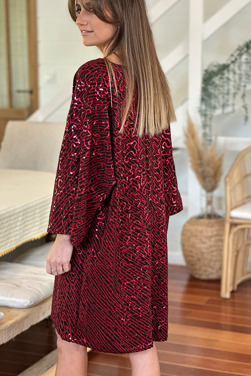 Burgundy Sequin Patterned Tunic Dress