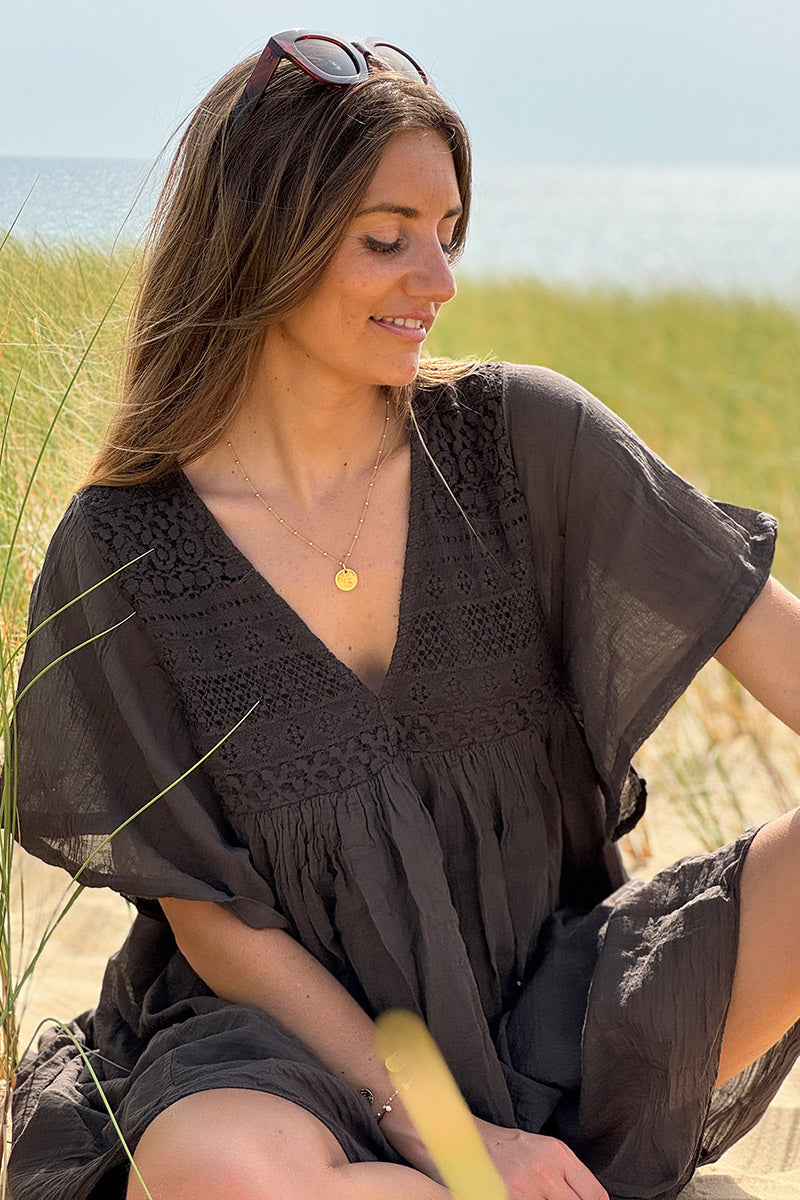 Robe marron chocolat légère voile de coton haut dentelle