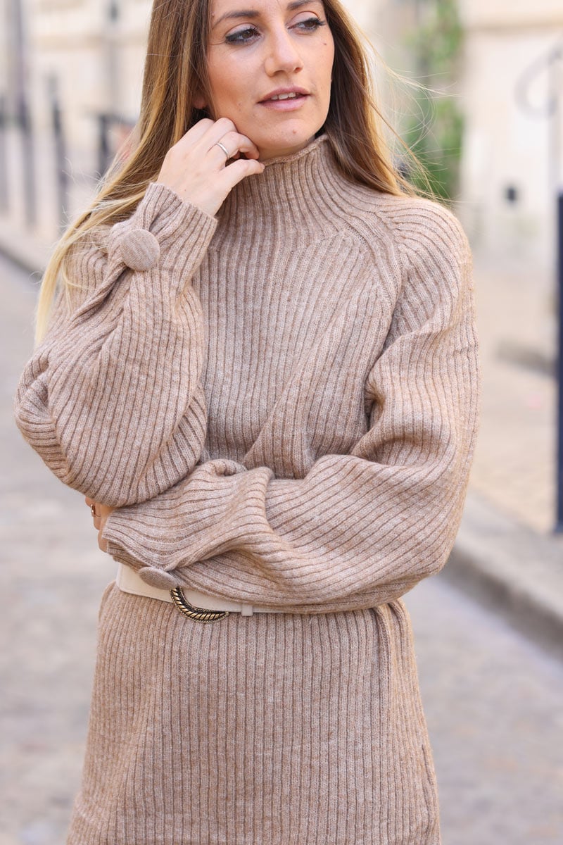 Ice brown ribbed jumper dress with funnel neck and button cuffs