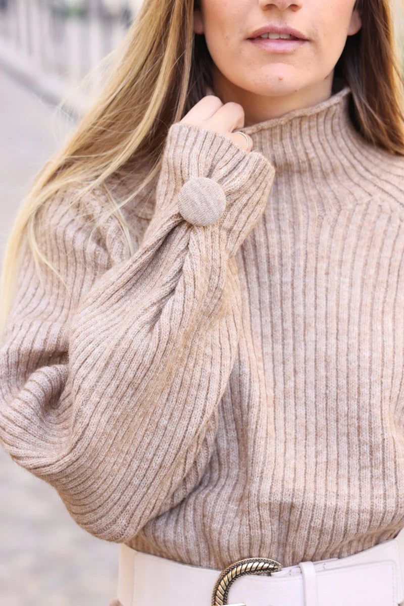 Ice brown ribbed jumper dress with funnel neck and button cuffs