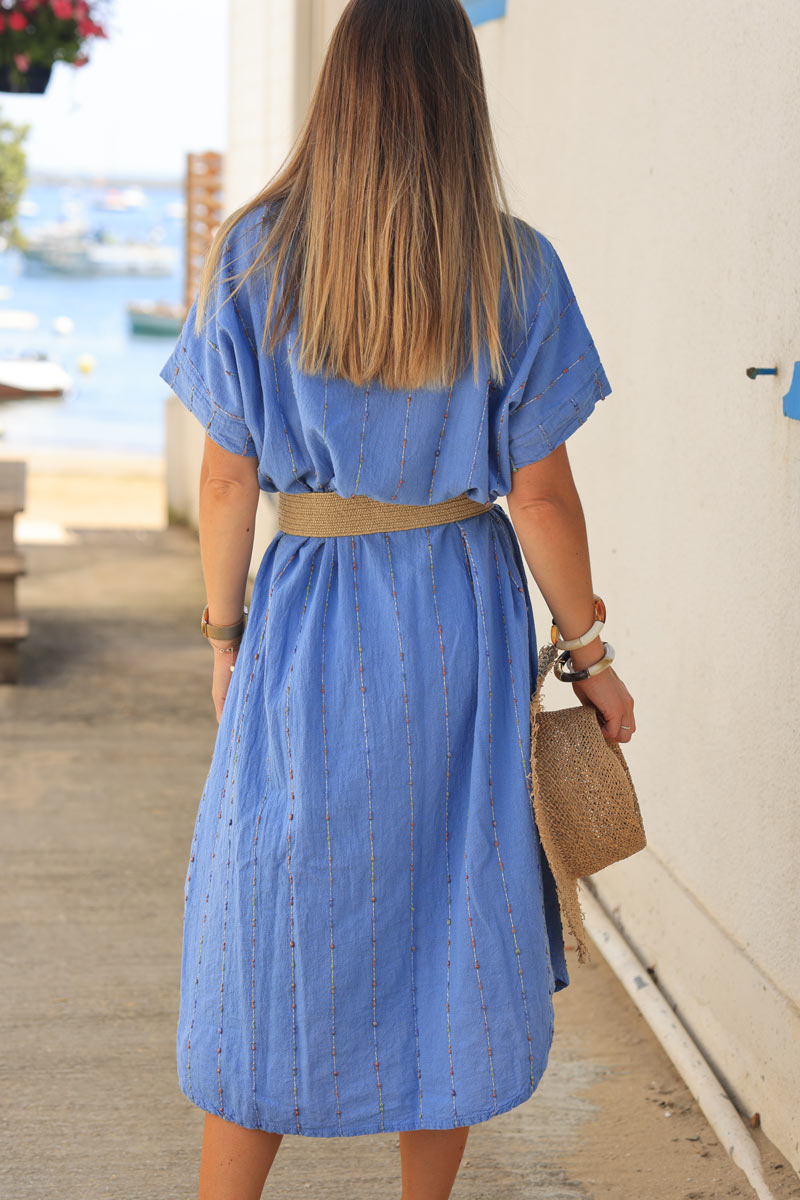 Royal blue floaty cotton and linen dress with colored threads