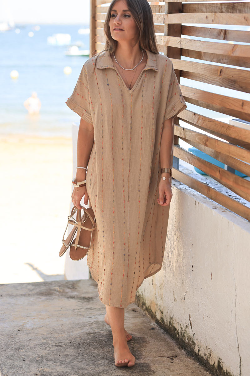 Camel floaty cotton and linen dress with colored threads