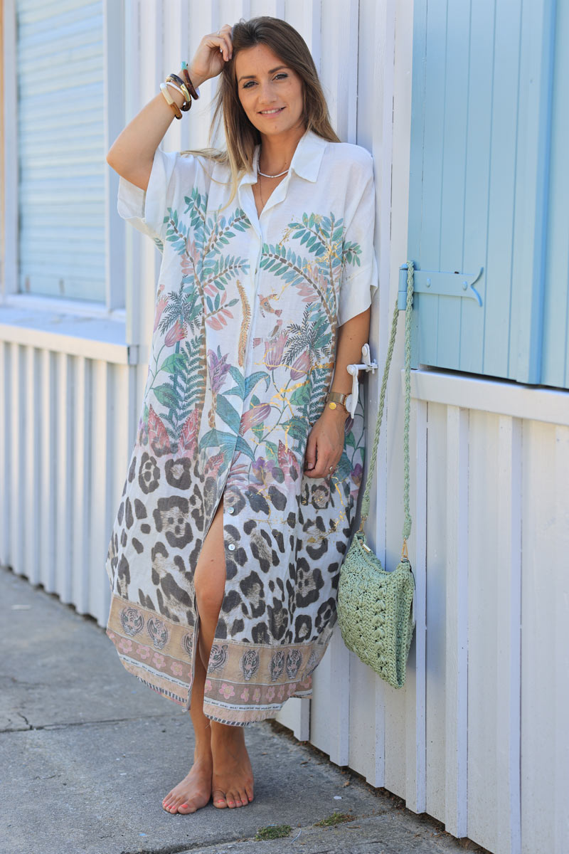 Off white linen blend midi dress with leopard and tropical print