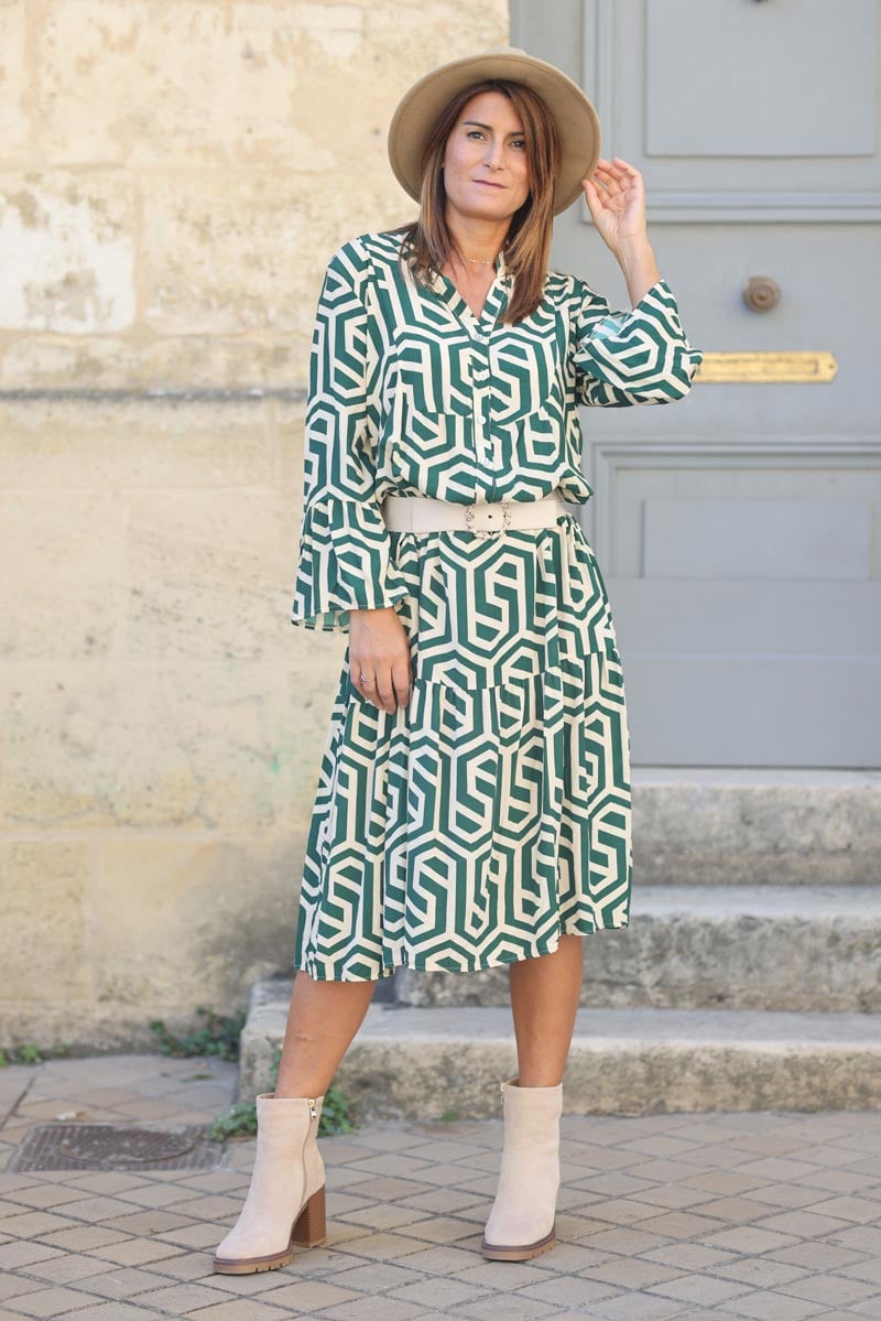 Robe mi longue fluide vert imprime graphique g134 (1)