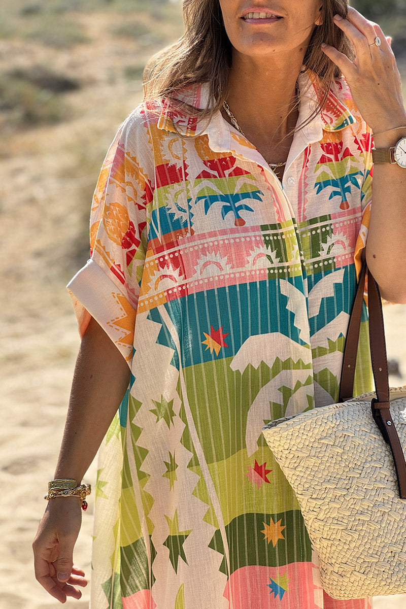 Robe mi longue large et fluide colorée lin mélangé imprimé palmiers ananas
