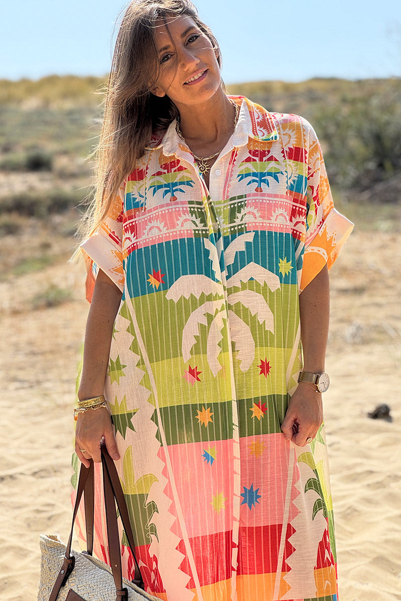 Robe mi longue large et fluide colorée lin mélangé imprimé palmiers ananas
