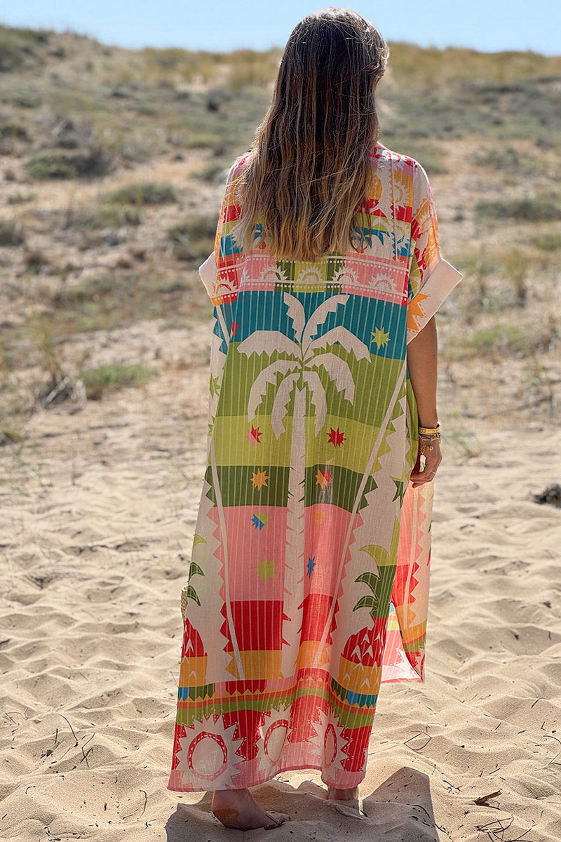 Robe mi longue large et fluide colorée lin mélangé imprimé palmiers ananas