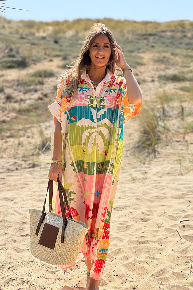 Robe mi longue large et fluide colorée lin mélangé imprimé palmiers ananas