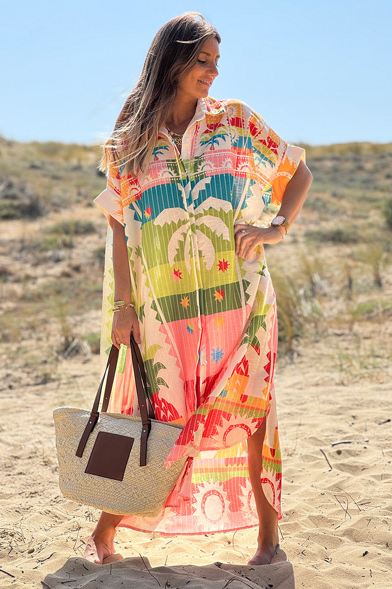 Robe mi longue large et fluide colorée lin mélangé imprimé palmiers ananas