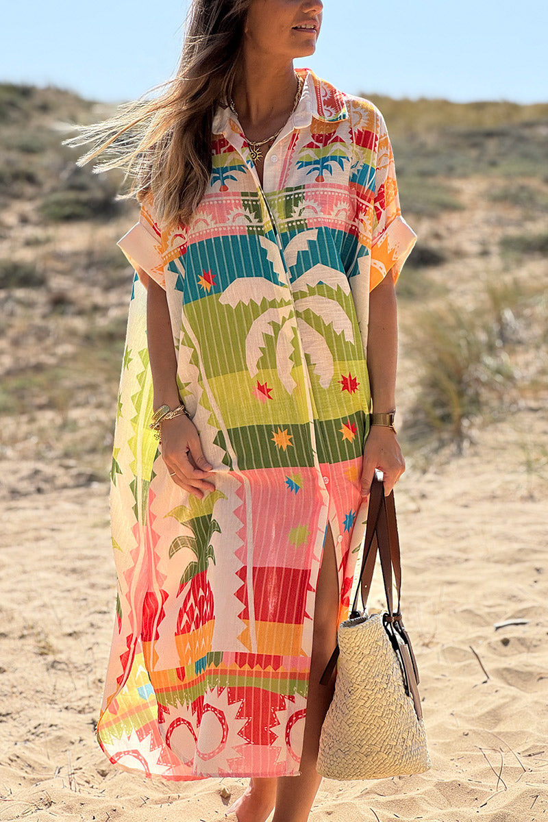 Robe mi longue large et fluide colorée lin mélangé imprimé palmiers ananas
