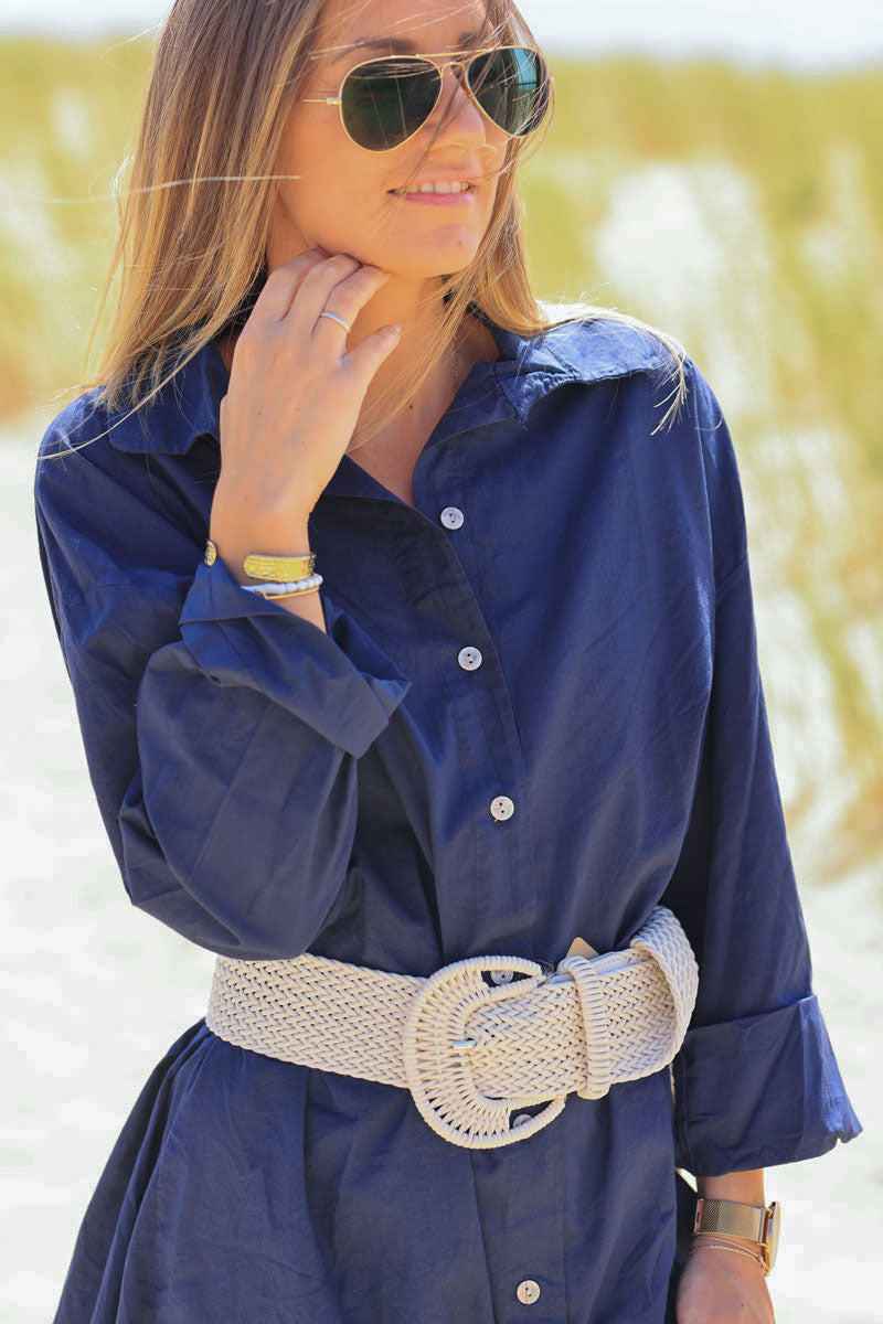Navy blue cotton midi shirt dress