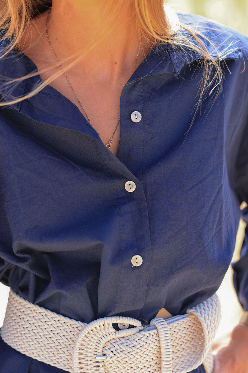 Robe mi longue légère bleu marine coupe chemise boutonnée
