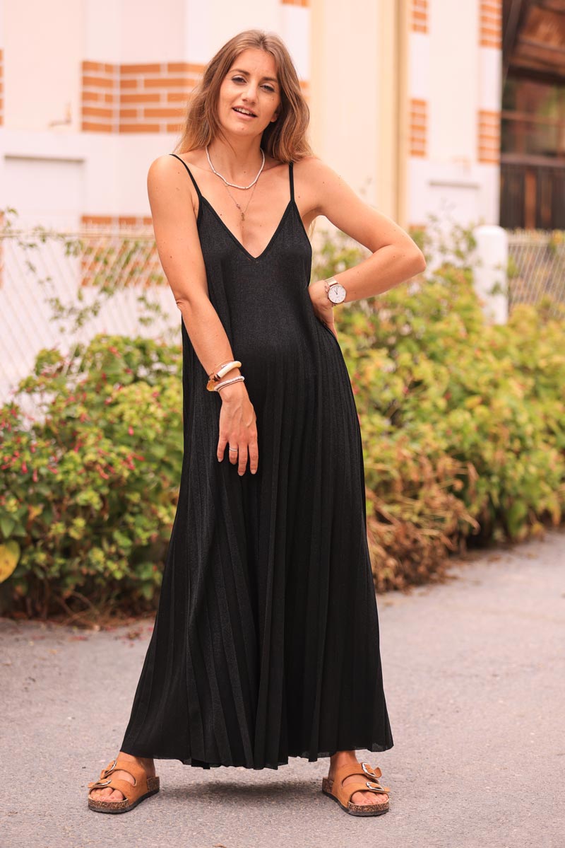 Black pleated glitter strappy midi dress