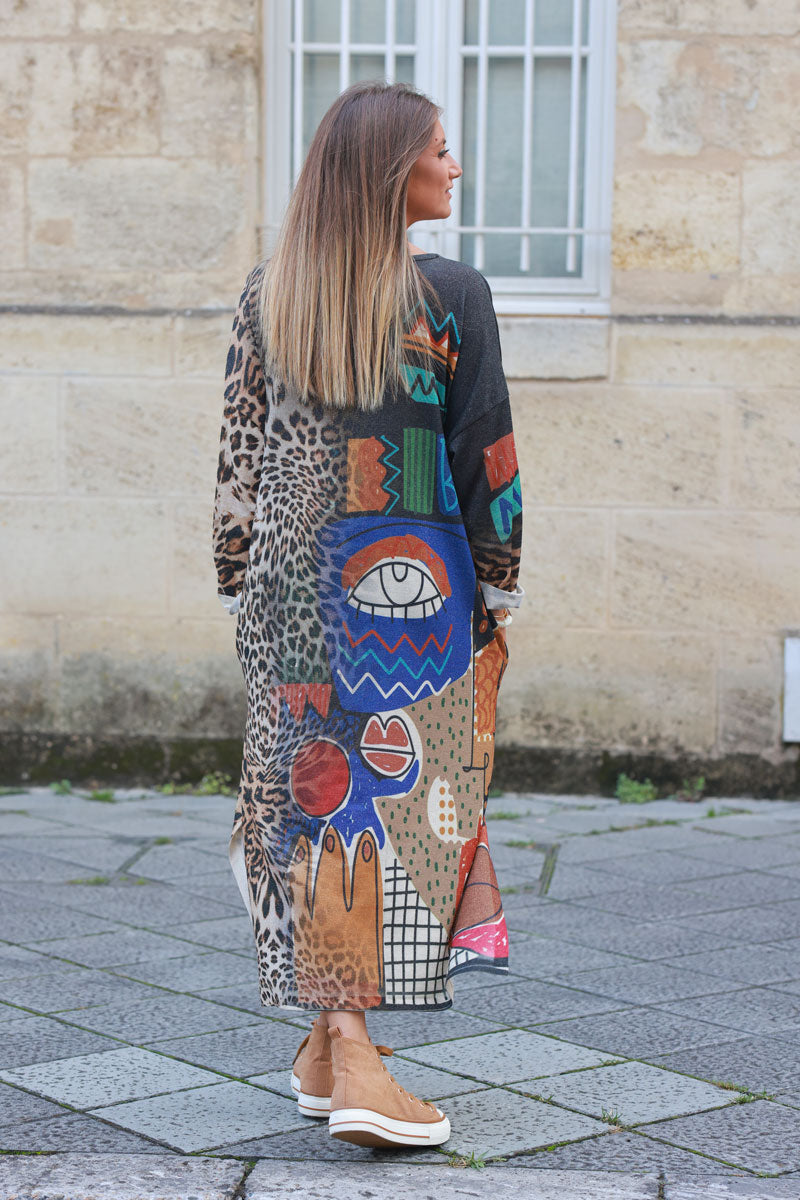 Soft and shiny midi dress with leopard print, Picasso-inspired paint