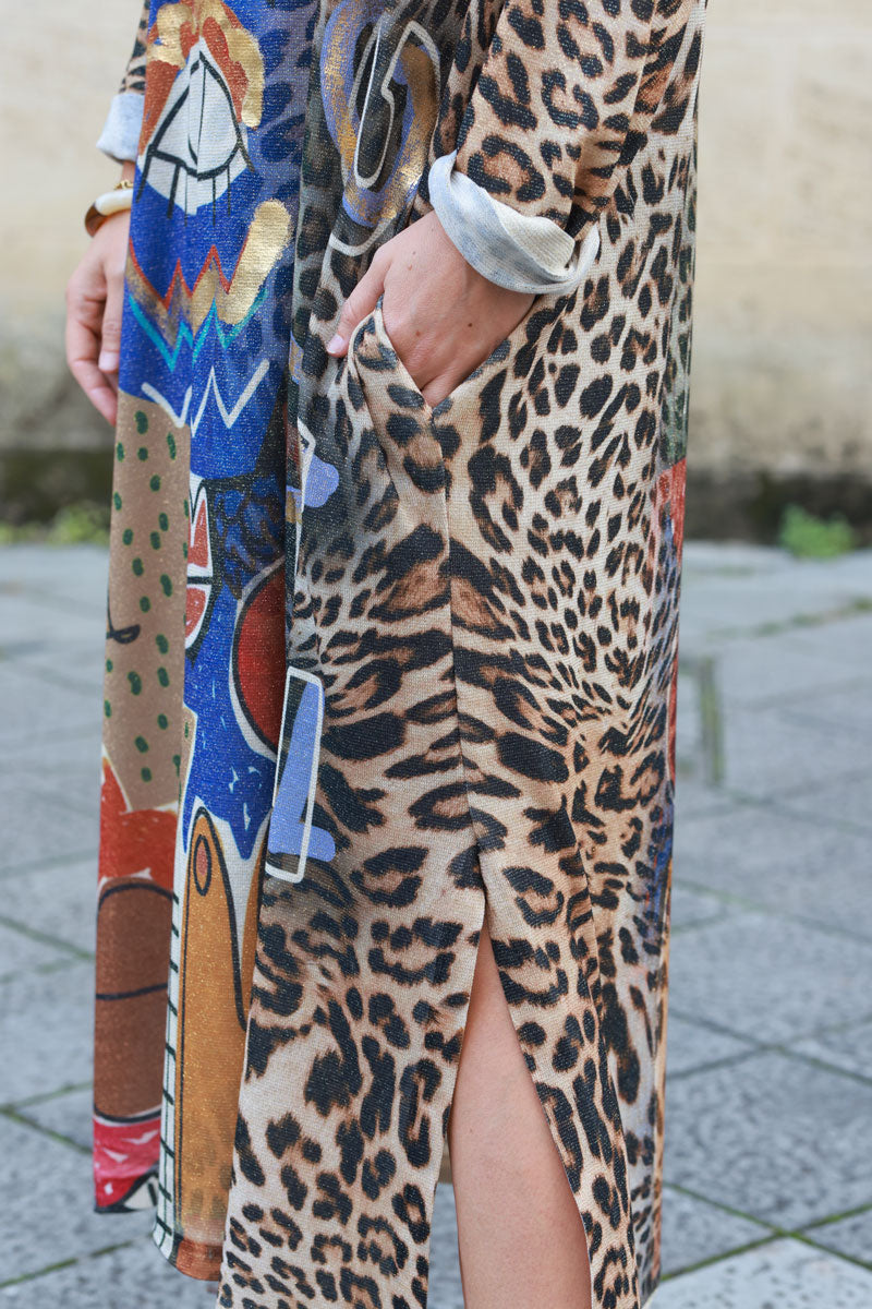 Soft and shiny midi dress with leopard print, Picasso-inspired paint