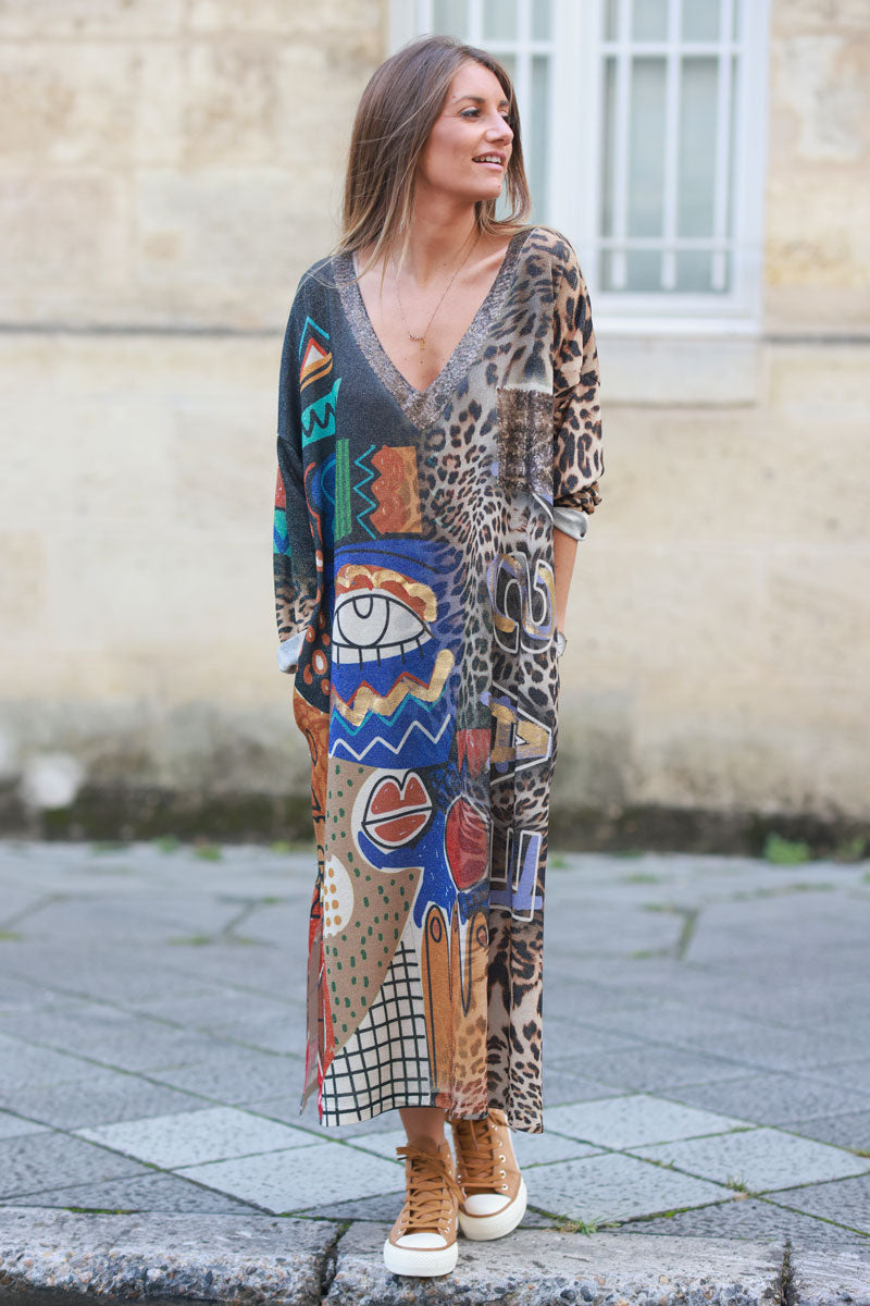 Soft and shiny midi dress with leopard print, Picasso-inspired paint