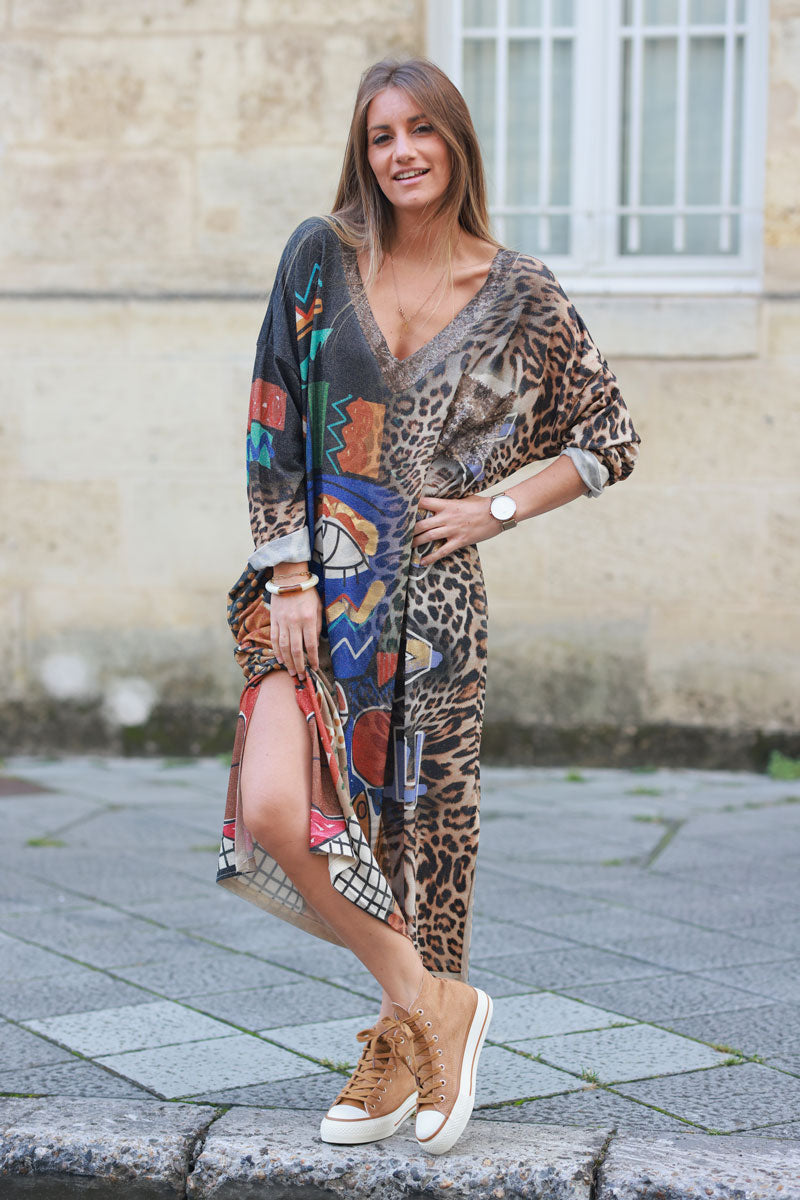 Soft and shiny midi dress with leopard print, Picasso-inspired paint